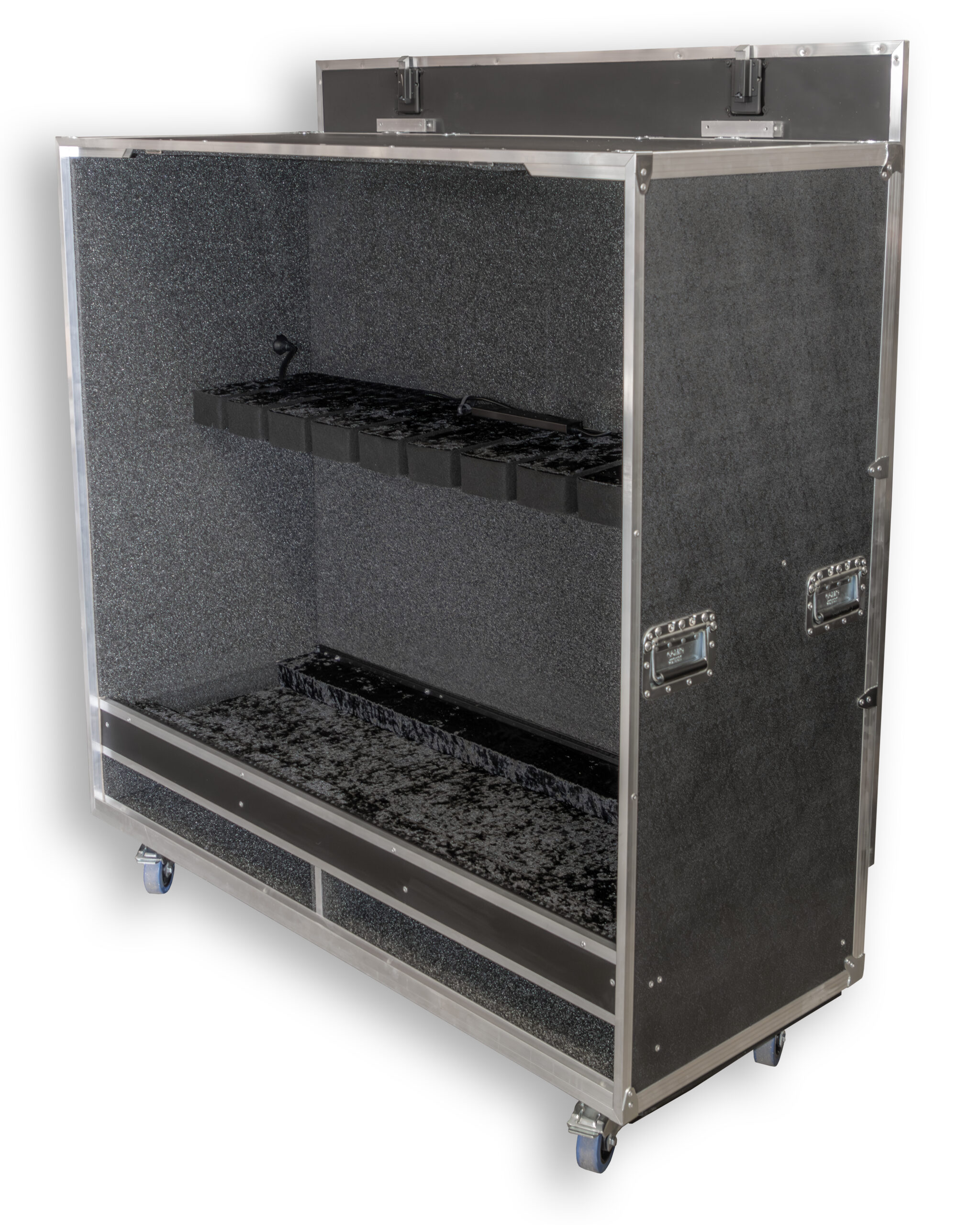 Guitar Vault Open, foam-lined equipment case on wheels, showing interior rack with black foam blocks for gear protection.